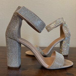 Call It Spring Formal Sparkly Rhinestone Strappy Block Heels Sandals Silver 8